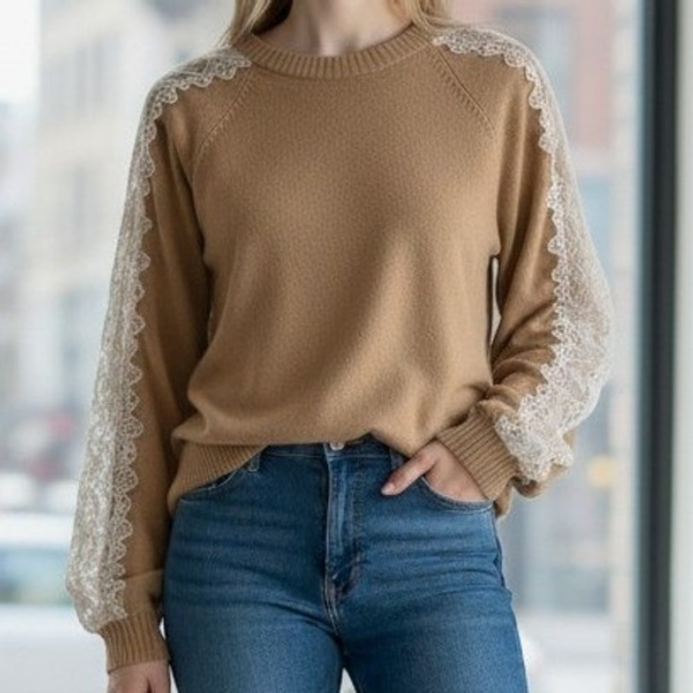 LOFT Lace Trim Raglan Sweater Size M Brown Excellent Floral Knit Pullover